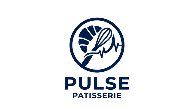 Vector logo for a patisserie featuring a croissant, whisk, and heartbeat pulse graphic