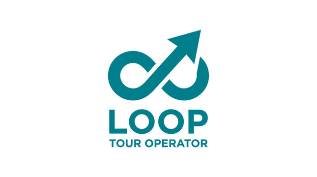 Infinity loop cycling logo with arrow, tour operator concept, vector graphic