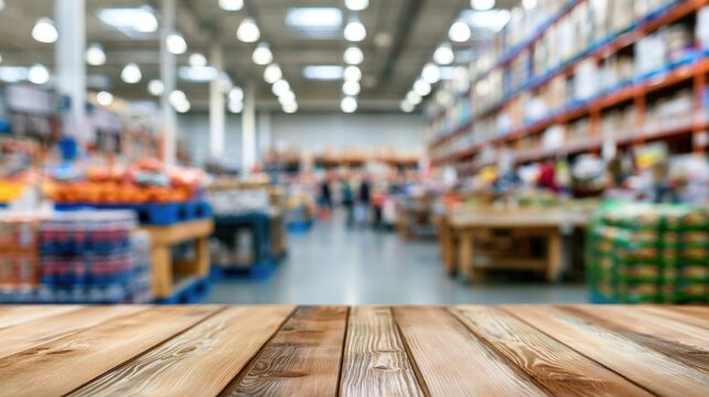 Wooden table surface in sharp focus with a blurred background of a brightly lit warehouse or large retail store interior.