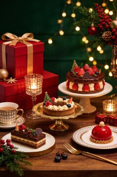 Gourmet christmas cake and pastry desserts with gift boxes on wooden table for festive holiday celebration and bakery marketing