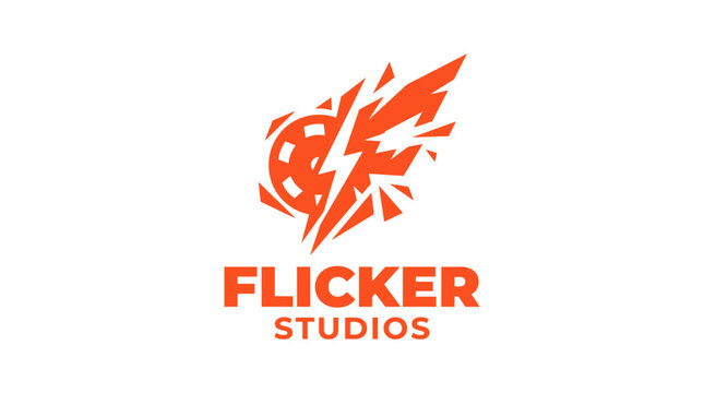 Explosive lightning bolt logo with text "FLICKER STUDIOS" for branding