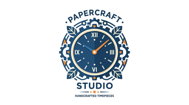 Papercraft Studio clock logo with roman numerals and gears, handcrafted timepieces concept