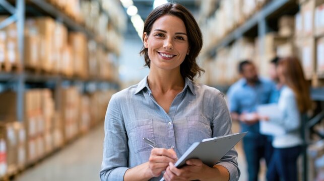 A confident woman holding a clipboard in a large warehouse filled with shelves and boxes, with colleagues blurred in the background.
