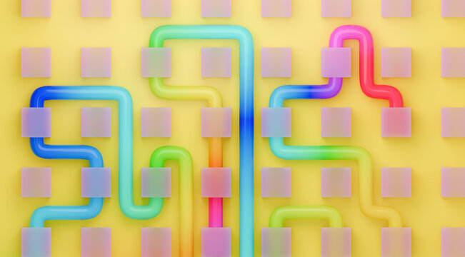 Colorful Plastic Tubes Connected in a Pattern on a Yellow Background