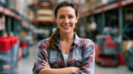 Obraz premium A confident woman in a plaid shirt stands with crossed arms in a warehouse, smiling at the camera.