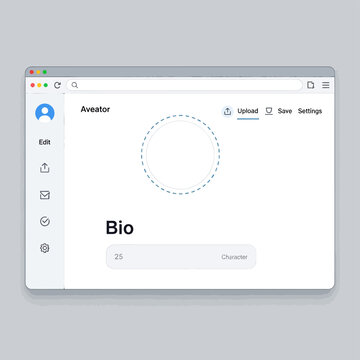 User profile webpage design, blank avatar and bio section