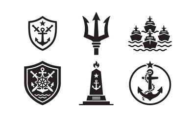 Fototapeta premium Six distinct black silhouette icons feature naval emblems, a trident, and a monument with maritime symbols