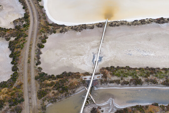 Pump station with selltling ponds and creek running through salt works