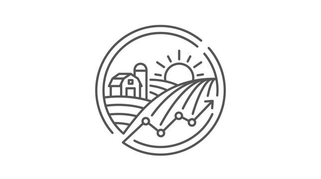 Sustainable farm landscape with data graph circular line icon.