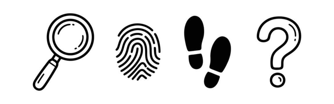 Magnifying Glass, Fingerprint, Footprints, and Question Mark Icons Representing Investigation