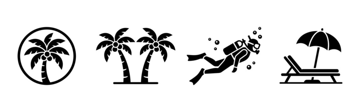 Summer vacation icons palm trees, diving, and beach relaxation