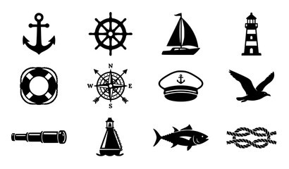 Nautical Marine Silhouette Icons Set with Anchor Sailboat Lighthouse Compass and Maritime Symbols Vector Collection © Aslam