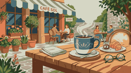 Fototapeta premium 2D Flat Vector Cozy cafe terrace with coffee croissant and people enjoying a meal outdoors