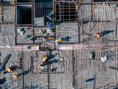 Aerial view of construction site foundation