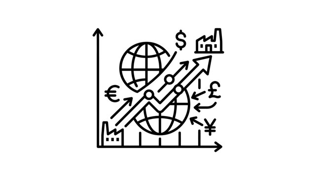 Global economic growth chart with currency symbols line art.