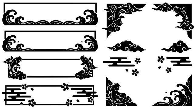 Set of black and white Asian silhouette banner frames and corner borders. Features traditional ocean waves, swimming koi fish, clouds, and sakura