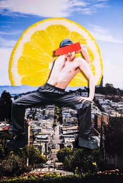 Person Posing in Front of City Skyline With Oversized lemon slice