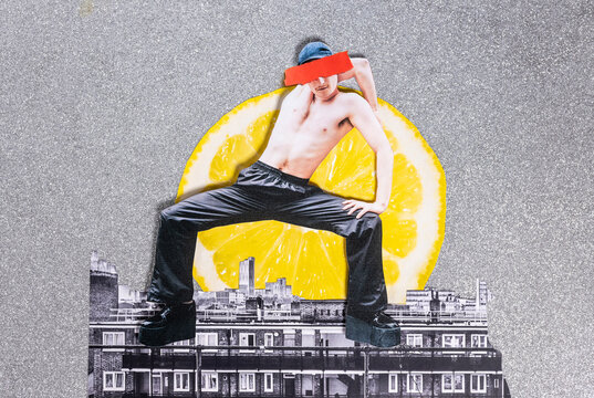 Analog collage dancer above city panorama with Giant lemon slice