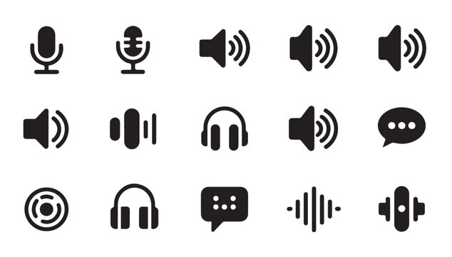 Audio voice icon set, mic, sound, speaker, headset, podcast, music radio flat symbol.