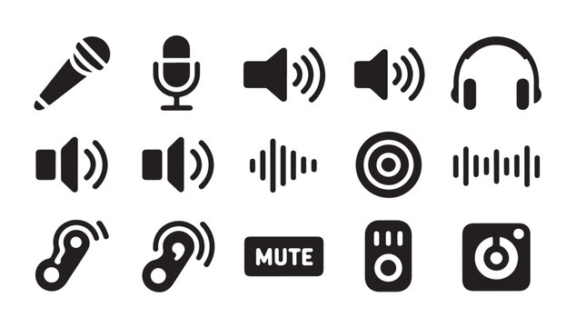 Sound control interface icons with mute button microphone headset and volume wave symbols.