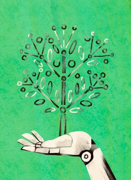 Robot Hand Holding Digital Tree &ndash; Technology Growth Concept