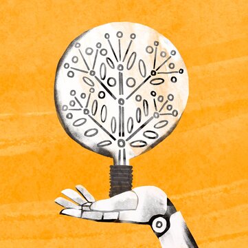 Robot Hand Holding Light Bulb with Tree Inside