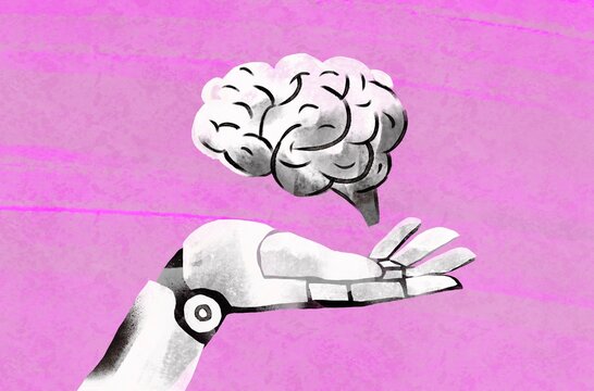 Robot Hand Holding Human Brain &ndash; AI Control Concept