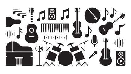 Musical instruments and audio equipment set. guitars, piano, drums, microphones, speakers. © MdRony