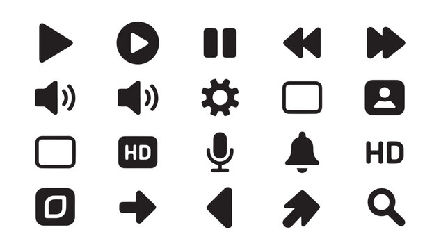 Multimedia playback and interface icons for application user experience and web navigation.