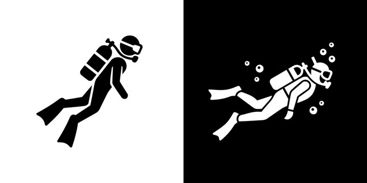 Dynamic monochrome vector icons depicting a person enjoying underwater scuba diving adventure and exploration