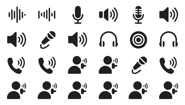 Voice and audio communication icons showing people speaking sound waves and telephone signs.