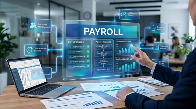Businessman interacting with a futuristic digital interface displaying payroll processing, employee management, salary administration, and analytics for business growth.
