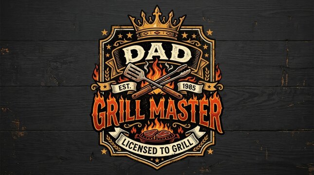 Dad Grill Master vintage logo on dark wood background.