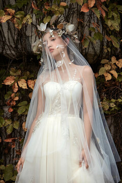 CHinese bride in a wedding dress, standing before a wall of foliage