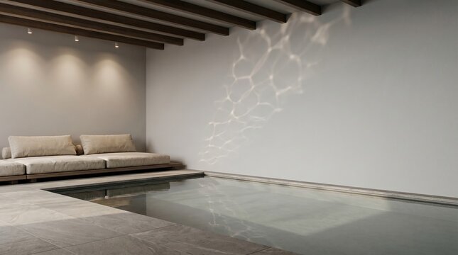 Modern minimalist indoor pool room with lounge seating and caustic light reflections on wall
