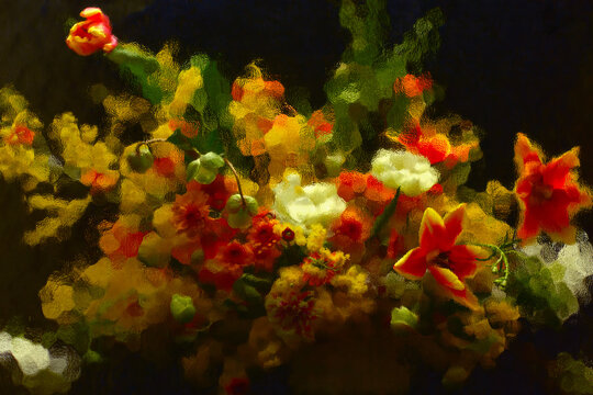 Bouquet of flowers seen through distorted glass, closeup
