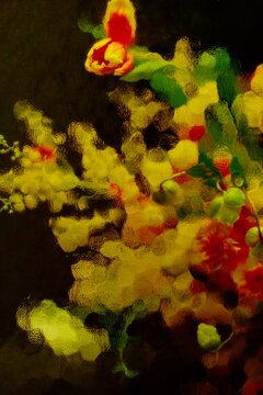 Bouquet of flowers seen through distorted glass, closeup