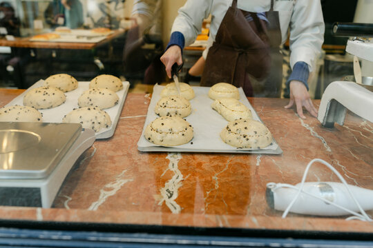 Baked goods in the window of a bakery in Lyon France