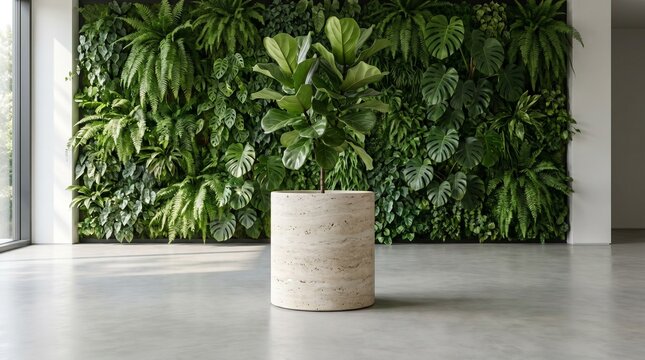 Fiddle leaf fig plant in a cylindrical travertine stone planter against a lush vertical garden wall