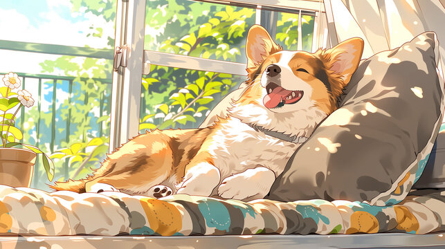 Happy smiling corgi dog lounging on cushion by sunny window, anime illustration style, cozy home interior with green garden view, cute pet relaxing concept,日当たりの良い窓辺のクッションでくつろぐ笑顔のコーギー犬、緑の庭が見える明るい室内