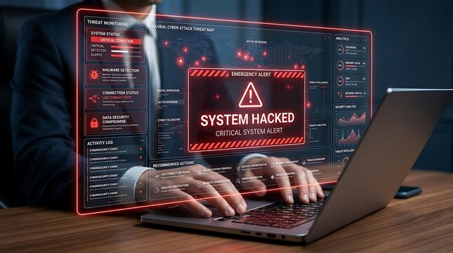 Man in suit uses laptop with holographic cybersecurity dashboard displaying 'SYSTEM HACKED' critical alert and threat map.