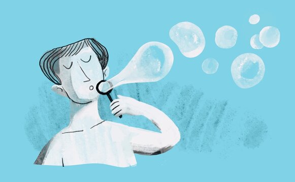 Woman Blowing Soap Bubbles on Blue Background