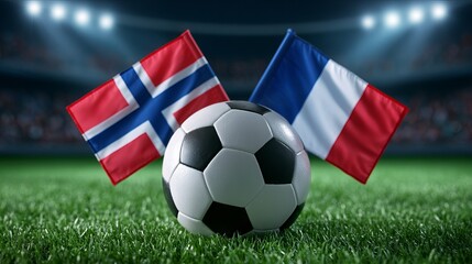 Naklejka premium Soccer ball on stadium grass between Norway vs France national flags, international football match concept under dramatic stadium lights