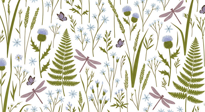 Delicate purple dragonflies and butterflies flit amongst green ferns and blue wildflowers dragonfly grass