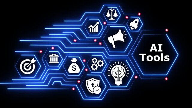 Ai tools animated with various icons on black background with circuit board.