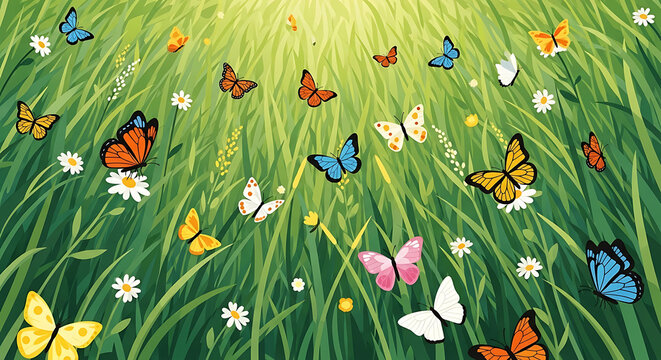 Numerous colorful butterflies fluttering among green grass and white wildflowers butterfly insect insects