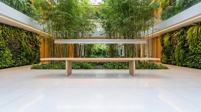 Modern minimalist interior design with a long wooden table in a lush indoor bamboo garden courtyard