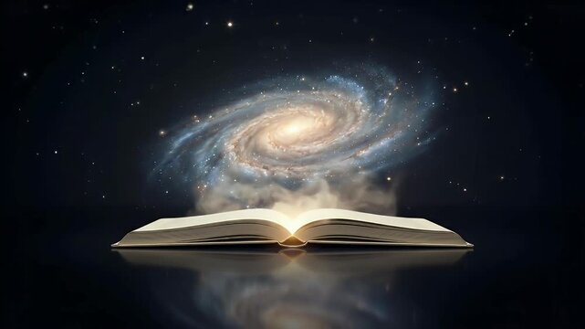 Open book with glowing light and spiral galaxy emerging in starry night sky cosmos concept