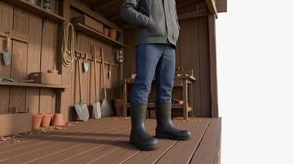 Fototapeta premium Man in rubber boots standing in a rustic shed with gardening tools