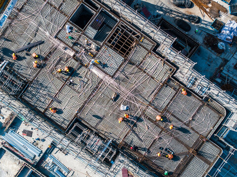 Aerial view of construction site foundation